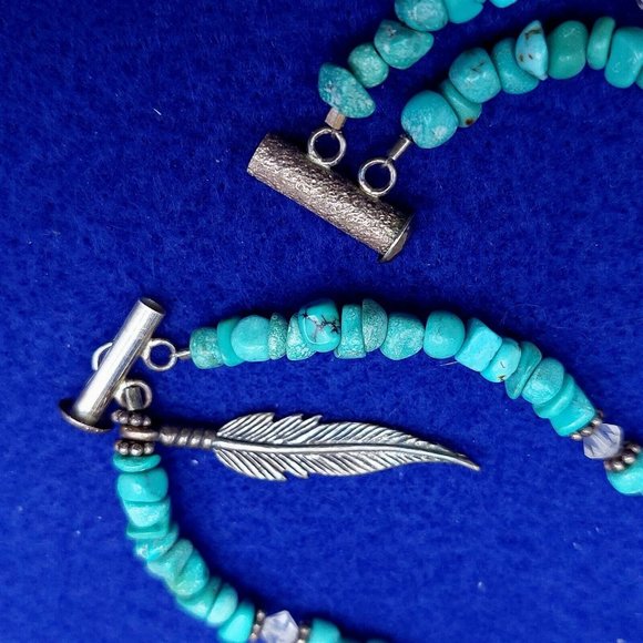Necklace Choker Turquoise Stone Clear Bead Feather Charm Slide Clasp Vintage 14" - Picture 6 of 8